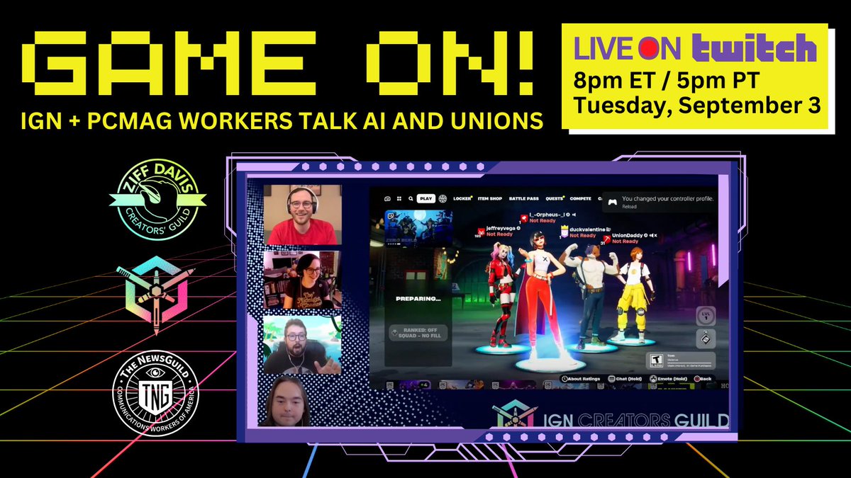 Big news, workers! I'll be joining <a href="/IGNUnion/">IGN Creators Guild</a> and <a href="/newsguild/">The NewsGuild-CWA</a>/<a href="/CWAUnion/">CWA</a> next week for a special labor livestream on AI and unions. We'll play some Fortnite, too, repping <a href="/zdcreatorsguild/">Ziff Davis Creators Guild</a>  

Check out the Twitch stream on Tuesday, September 3 at 8pm ET.

twitch.tv/newsguildcwa/s…