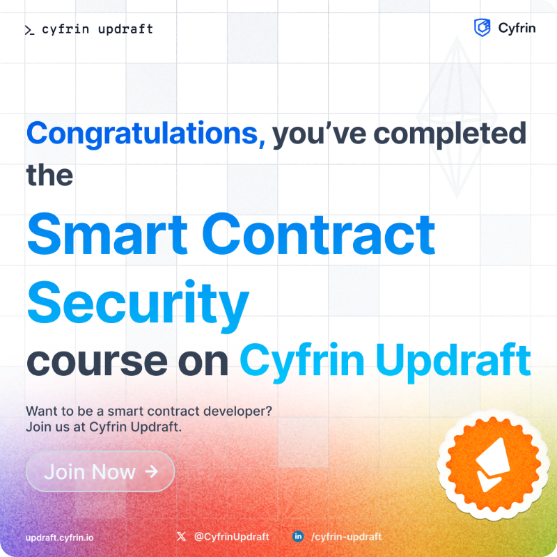 CyfrinUpdraft's tweet photo. Want to level up your skills as a smart contract auditor? ✨

Get access to 20+ hours of courses and written lessons to:
- Learn advanced Solidity fuzzing and testing techniques
- Audit 5 real-world protocols

And level up your career! Completely for free 👇