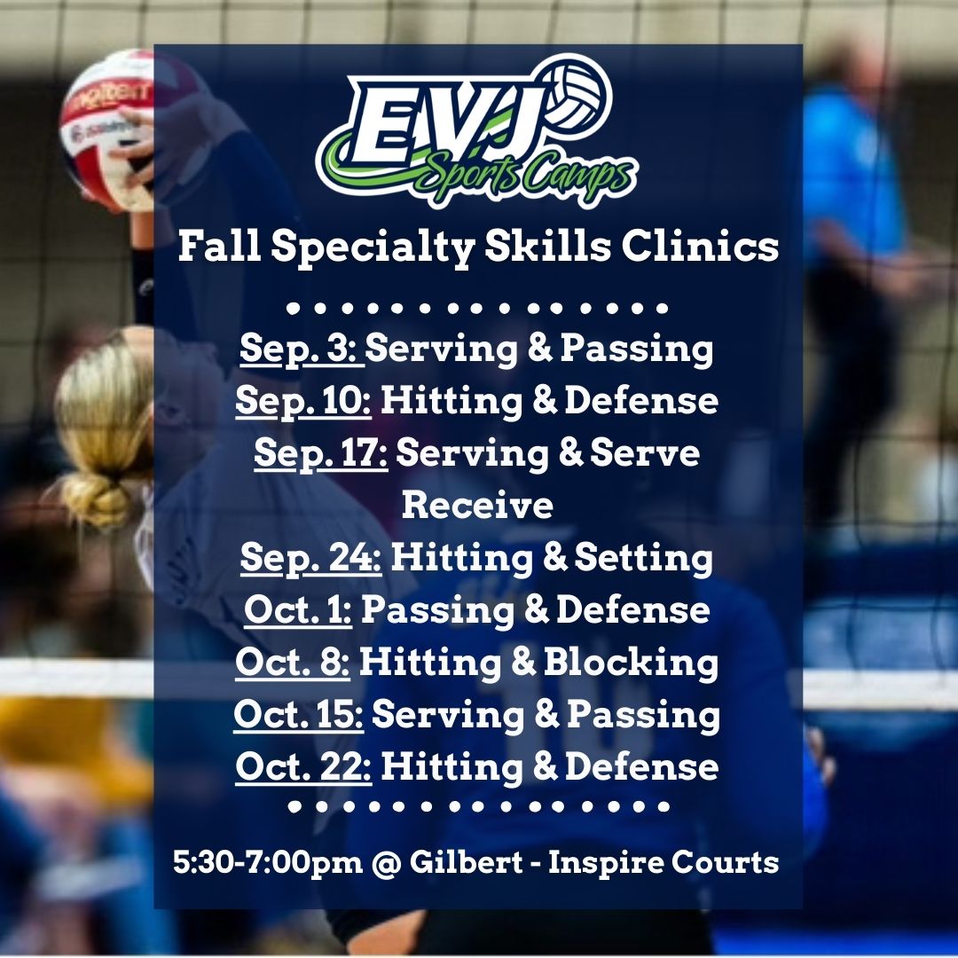 Join us every Tuesday from 5:30-7pm for the next 8 weeks in Gilbert for our Specialty Skills Clinics! Go to the EVJ website to sign up for single sessions or multiple! We can't wait to see you in the gym💙💚🤍🏐