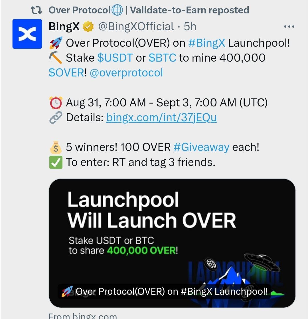 CusUniverse's tweet photo. π Over Wallet Good News,,
π Over Launchpool on Bingx,,
#BingX #gateio #binance #Overprotocol #kucoin #Blum #airdrop #tgmining #Tonkeeper #okx #Bitget #MEXCε¦γΆ #bybit #crypto_universe https://t.co/n6Nb5e7noe