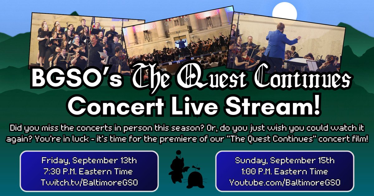 BaltimoreGSO's tweet photo. Did you miss the concerts in person this season? Or, do you just wish you could watch it again? You're in luck - it's time for the premiere of the Baltimore Gamer Symphony Orchestra's "The Quest Continues" concert film!
(1/3)
#baltimoregso #bgso #vgm #vgmevents #videogames https://t.co/CQVz9td4N5