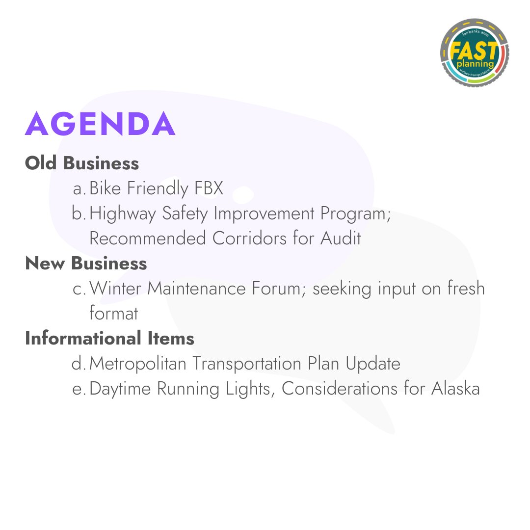 Today is our regular Bike &amp; Ped Advisory Committee Meeting! Find today's and past meeting materials at fastplanning.us/meetings/bpac/.

Join the meeting in-person at our office (Suite 215 at 100 Cushman Street) or online at fastplanning.us/zoom. 

See you soon!