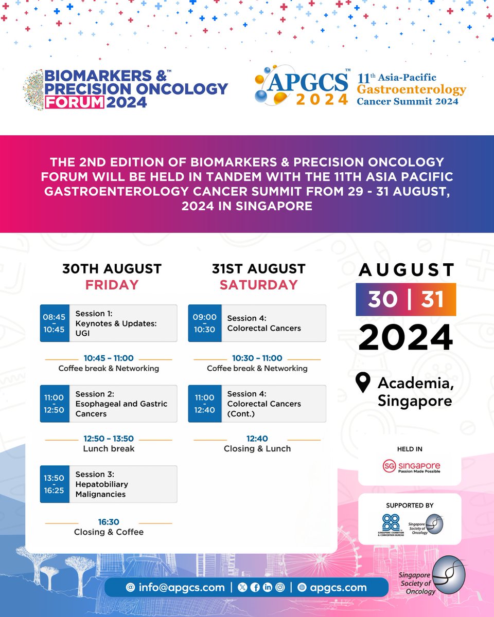 The Asia Pacific Gastroenterology Cancer Summit (APGCS) 11th Edition will be held on the 30th &amp; 31st August, 2024 at a LIVE &amp; IN-PERSON event in Singapore.

Let’s come together in the Lion City and pave the way for another edition of excellence at BPOF &amp; APGCS 2024!