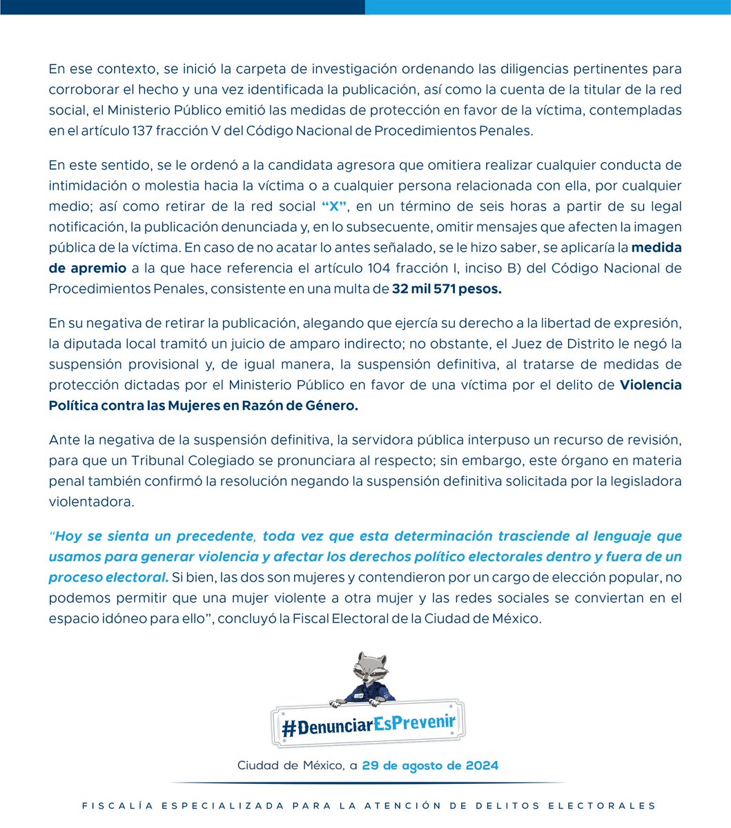 #Comunicado | Las publicaciones en redes sociales que violenten los derechos político electorales de las mujeres, no están amparadas en la libertad de expresión.
#𝗗𝗲𝗻𝘂𝗻𝗰𝗶𝗮𝗿𝗘𝘀𝗣𝗿𝗲𝘃𝗲𝗻𝗶𝗿