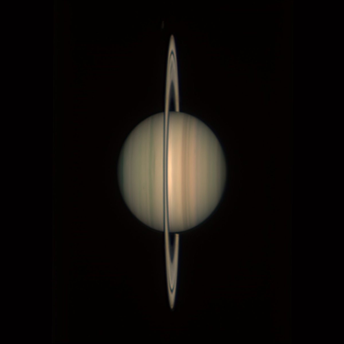 MitchellDuke05's tweet image. Reprocessed and resized this image of Saturn. You can see numerous storms as well as the ring shadows on the ring. There is a small image on the left side that is very interesting.