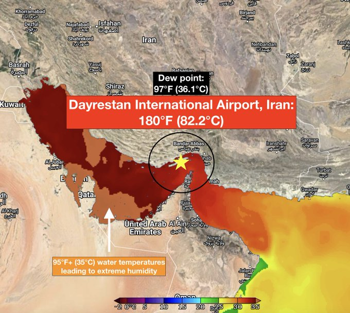 Tipping points unleashed <a href="/US_Stormwatch/">Colin McCarthy</a>
"A heat index of 180°F (82.2°C) and a dew point of 97°F (36.1°C) were recorded in southern Iran"

Half of Europe over 12. C heat anomaly 

Sea temperatures in
 Persian Gulf have soared to nearly 100 F, just short of the Earth's record high.