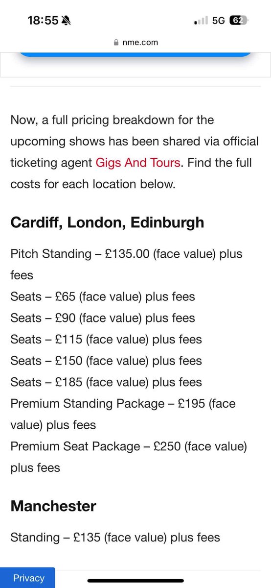 Sweet Jesus, that’s steep!  Who do they think they are?  Taylor Swift??  I’ve paid that half of that for much better bands recently!  That’s silly money for a washed up 90s band.  Worth £45-60 tops! #noway #oasis #notworthit