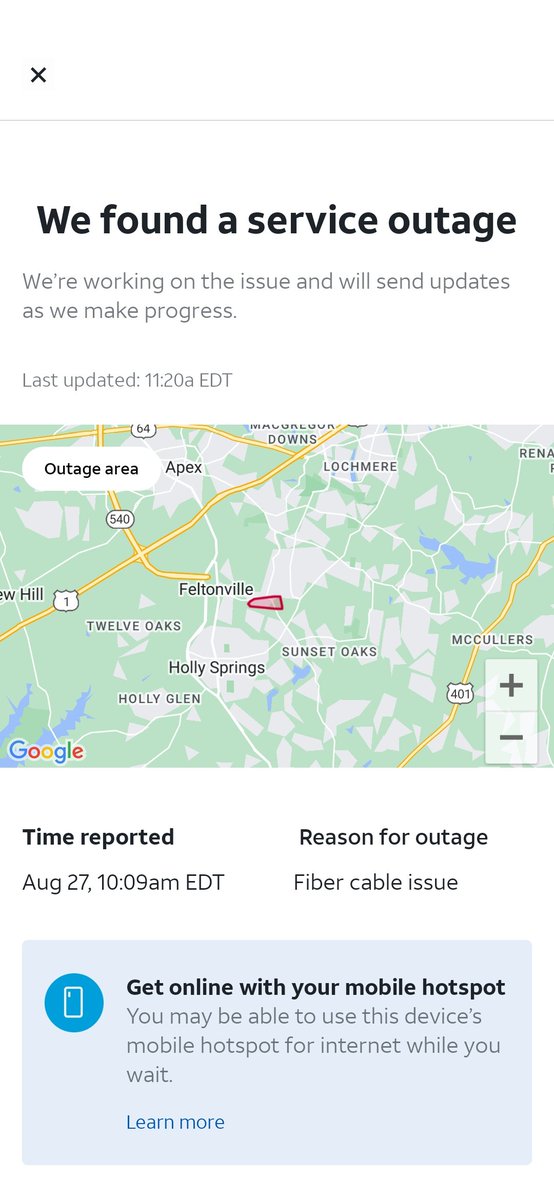 Would love ANY update on repair and estimated fix for our neighborhood. Internet down since 10am on 8/27! <a href="/ATT/">AT&T</a> #WFH