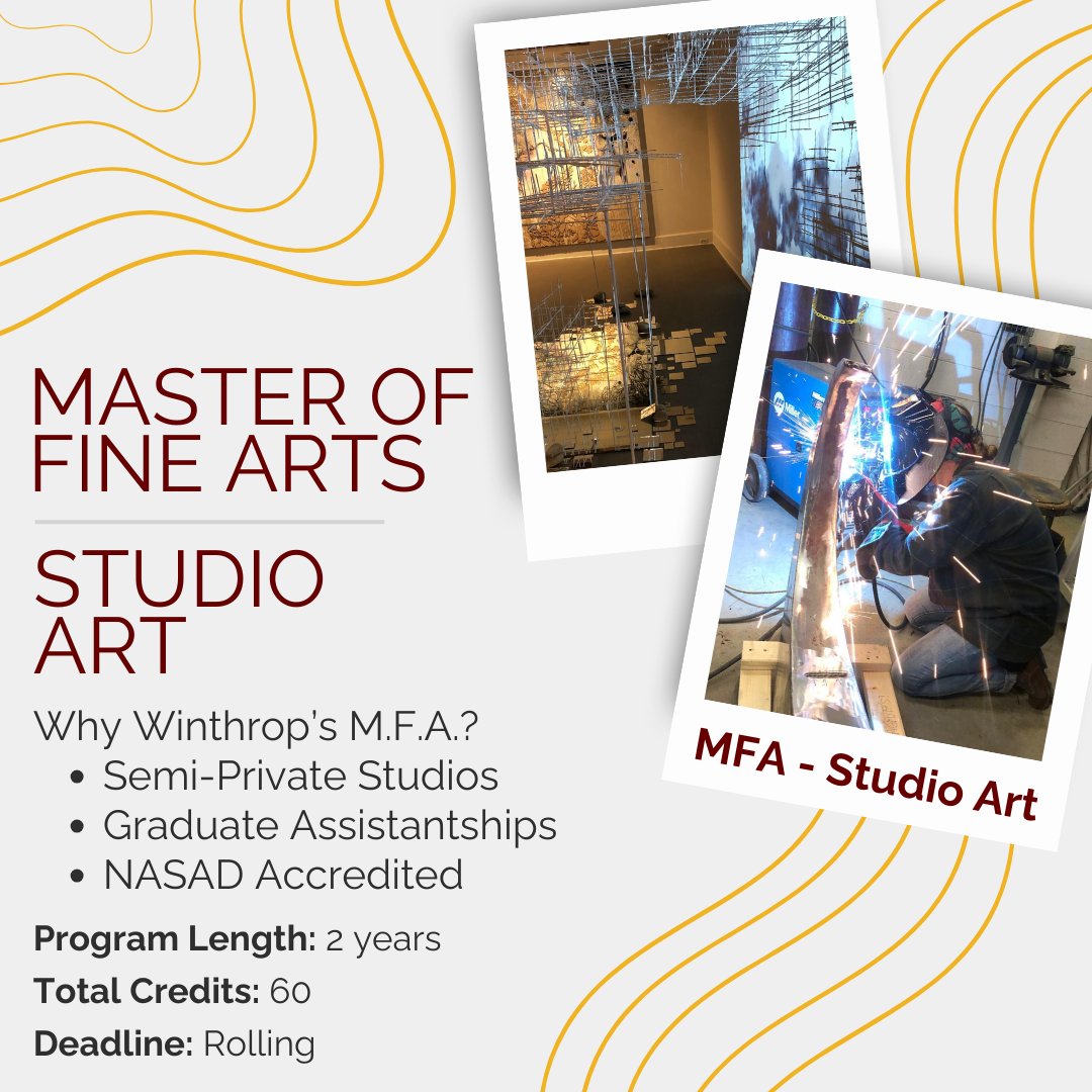 Our #MFA in Studio Art has rolling admission for spring &amp; fall starts!

Why pick #Winthrop for your MFA?
➡Students have their own semi-private studios
➡Graduate assistantships available
➡NASAD Accredited
 
Learn more: winthrop.edu/cvpa/fine-arts…

#ArtsWinthrop #winthropgradstudies