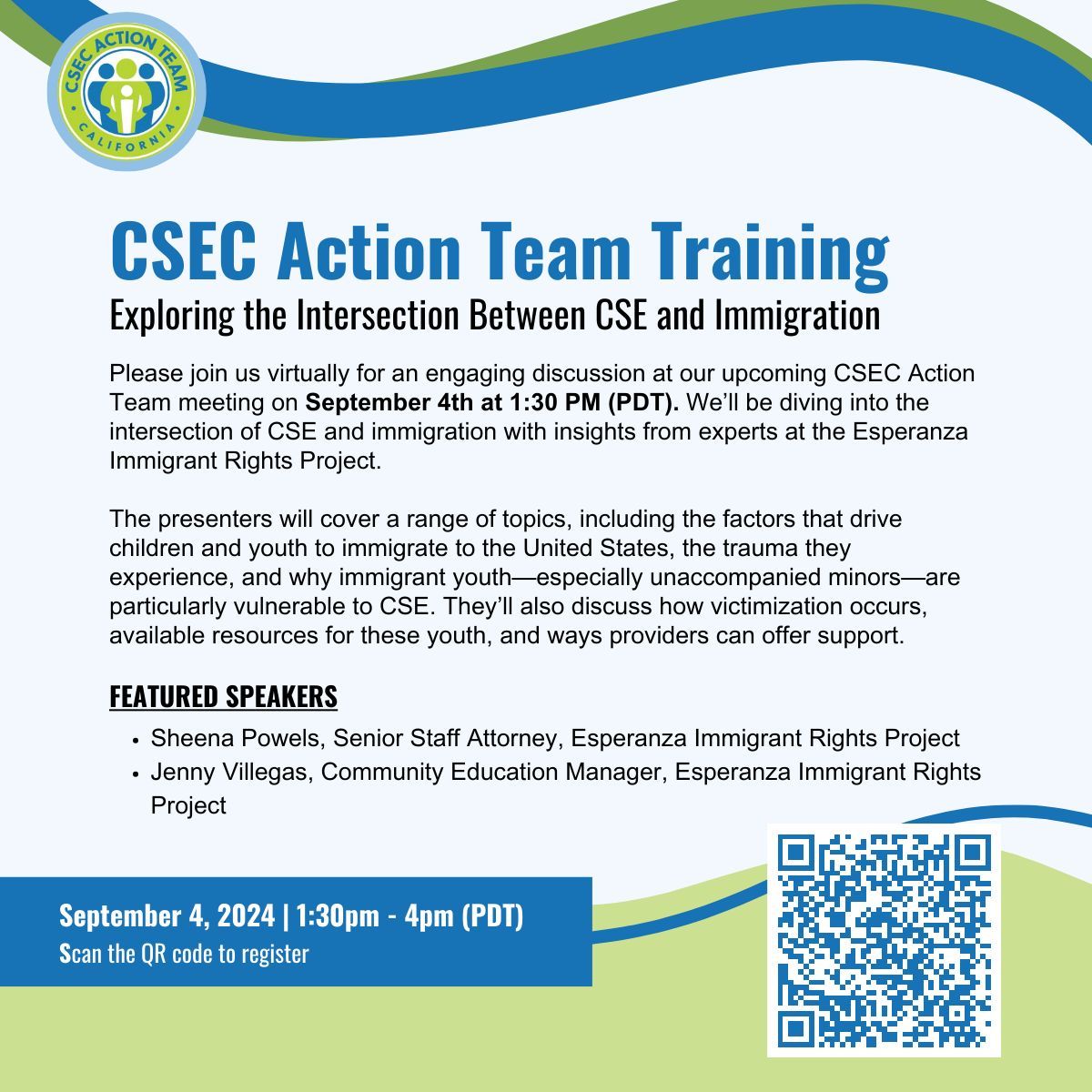 NCYL_CSEC's tweet photo. 🗓️Next Week! Join us virtually on Sept 4th at 1:30PM (PDT) for a crucial discussion on the intersection of commercial sexual exploitation &amp; Immigration. Gain insights from experts at Esperanza Immigrants Rights Project. Register now: https://t.co/AyeV7QIoMZ https://t.co/nvJR7qk5EM
