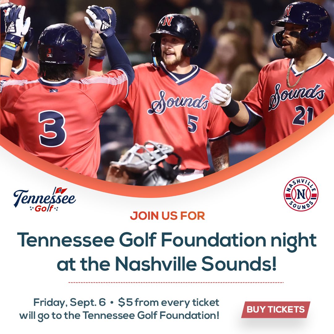 TGF Junior Golf (@tgfjuniorgolf) on Twitter photo Join us for Tennessee Golf Foundation night at the <a href="/nashvillesounds/">Nashville Sounds</a> on Friday, Sept. 6! If you use this link to purchase tickets, the @tngolffnd will get $5 from every one sold!
Gates open at 5:30 and first pitch is at 6:35!
fevo-enterprise.com/event/Tngolffoโฆ Join us for Tennessee Golf Foundation night at the <a href="/nashvillesounds/">Nashville Sounds</a> on Friday, Sept. 6! If you use this link to purchase tickets, the @tngolffnd will get $5 from every one sold!
Gates open at 5:30 and first pitch is at 6:35!
fevo-enterprise.com/event/Tngolffoโฆ