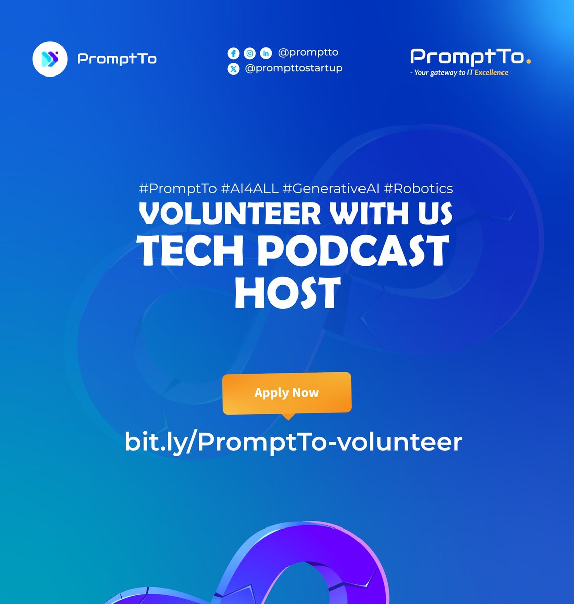 🎙️ Join Our Tech Podcast as a Volunteer Host! 🎙️

We're looking for passionate tech enthusiasts to be the voice of our podcast at PromptTo! If you love discussing AI, IoT, and more, this is for you.

👉 Apply here: bit.ly/PromptTo-volun…
#Tech #Podcast #Volunteer #AI #IoT