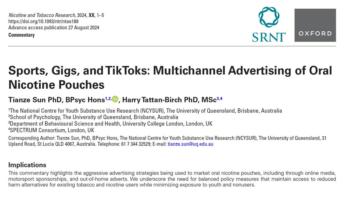 Tianze Sun 孙天则 (@tianzesun) on Twitter photo Our new commentary in <a href="/NTR_Journal/">Nicotine & Tobacco Research Journal</a> highlights the multichannel marketing of oral nicotine pouches. While less harmful than cigarettes, addiction risks for youth remain. <a href="/TattanBirch/">Harry Tattan-Birch, PhD</a>
✮⋆˙ doi.org/10.1093/ntr/nt… Our new commentary in <a href="/NTR_Journal/">Nicotine & Tobacco Research Journal</a> highlights the multichannel marketing of oral nicotine pouches. While less harmful than cigarettes, addiction risks for youth remain. <a href="/TattanBirch/">Harry Tattan-Birch, PhD</a>
✮⋆˙ doi.org/10.1093/ntr/nt…