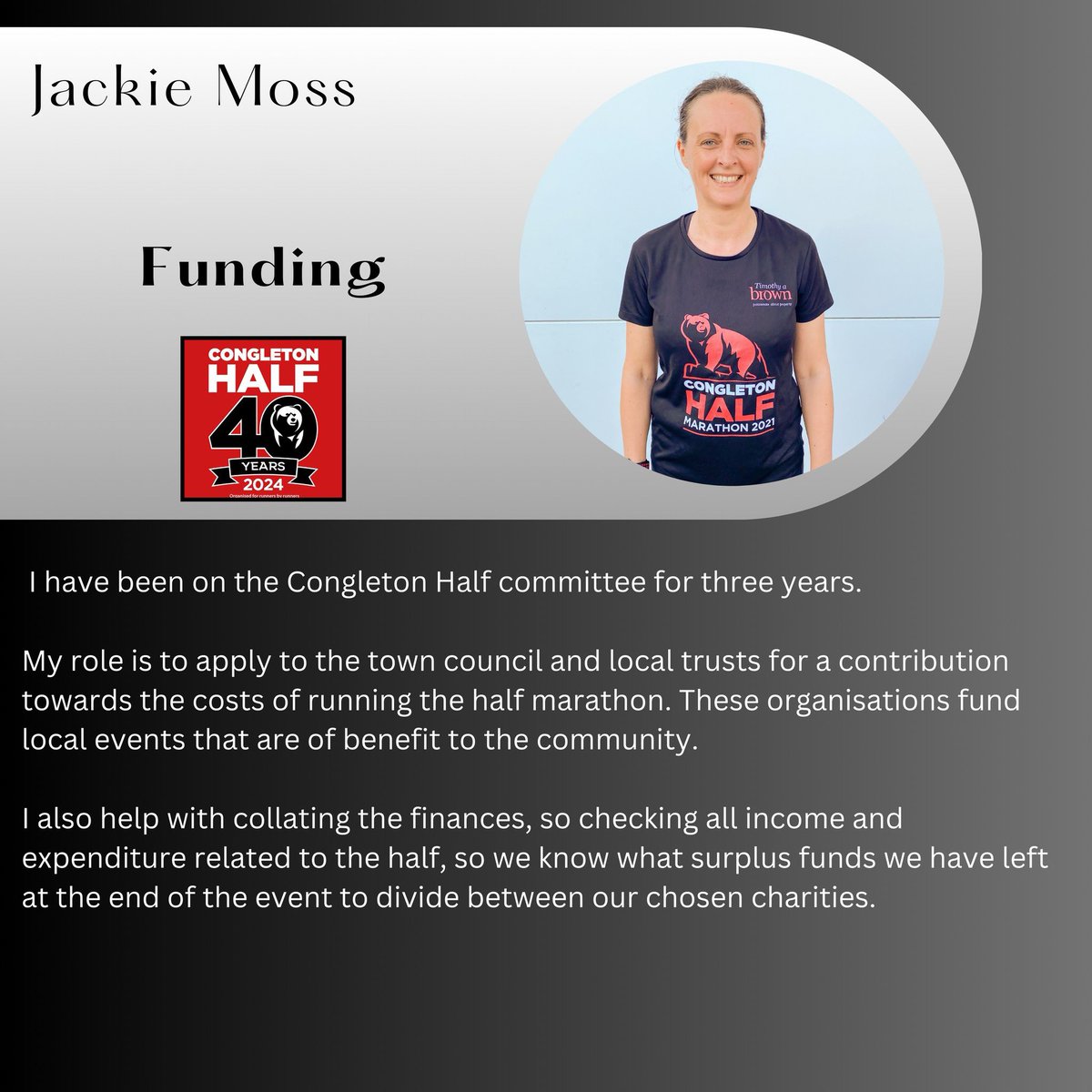 🔴 Congleton Half - Meet the half committee 🔴

In our next 'Meet the half committee' interview, we catch up with Jackie Moss, and find out more about her responsibilities both as a committee member, and as a member of our funding team.