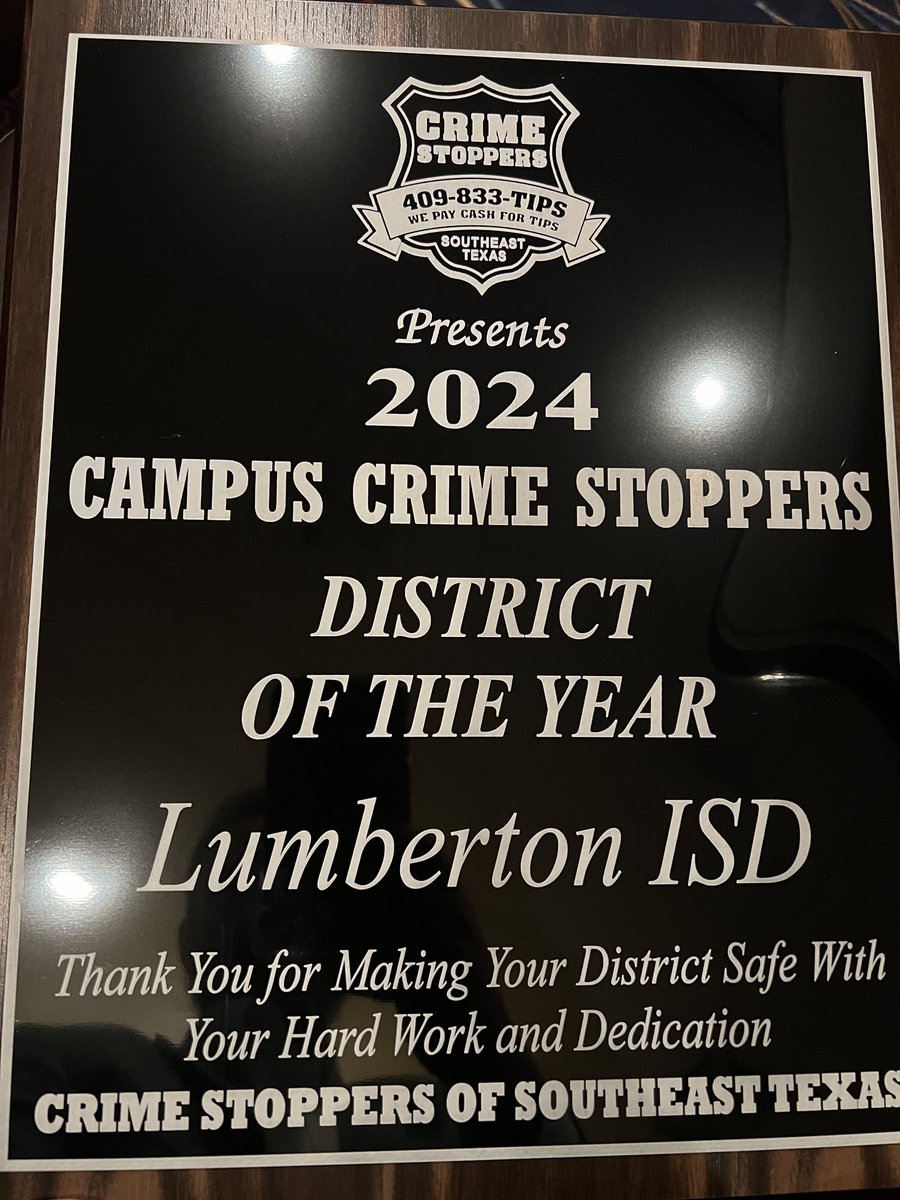 LISD RECOGNIZED AS CAMPUS CRIME STOPPERS DISTRICT OF THE YEAR

Lumberton ISD has been recognized as the Campus Crime Stoppers District of the Year by Crime Stoppers of Southeast Texas. #itsagreatdaytobearaider #raiderstodayleaderstomorrow