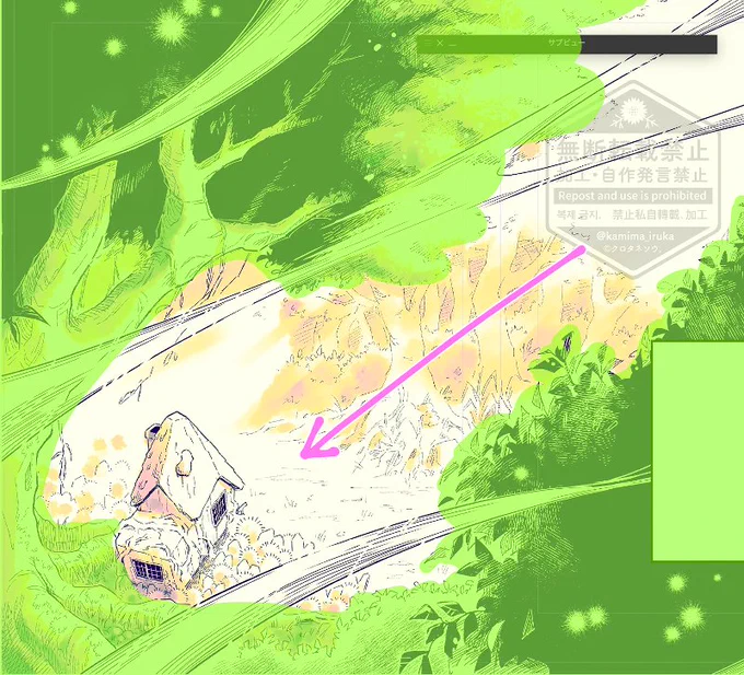 最近、一枚絵や見開きを描くときに、無意識によく使ってるなあ〜?と思った構図というかレイアウト(?) 画面外側をぐるっと囲んで、額縁 or トンネル構図にする その内側に開けた空間を設けて(光・流星・風などで)右上から左下へ向かっての流れをつくる なんか描きやすいんよね… 