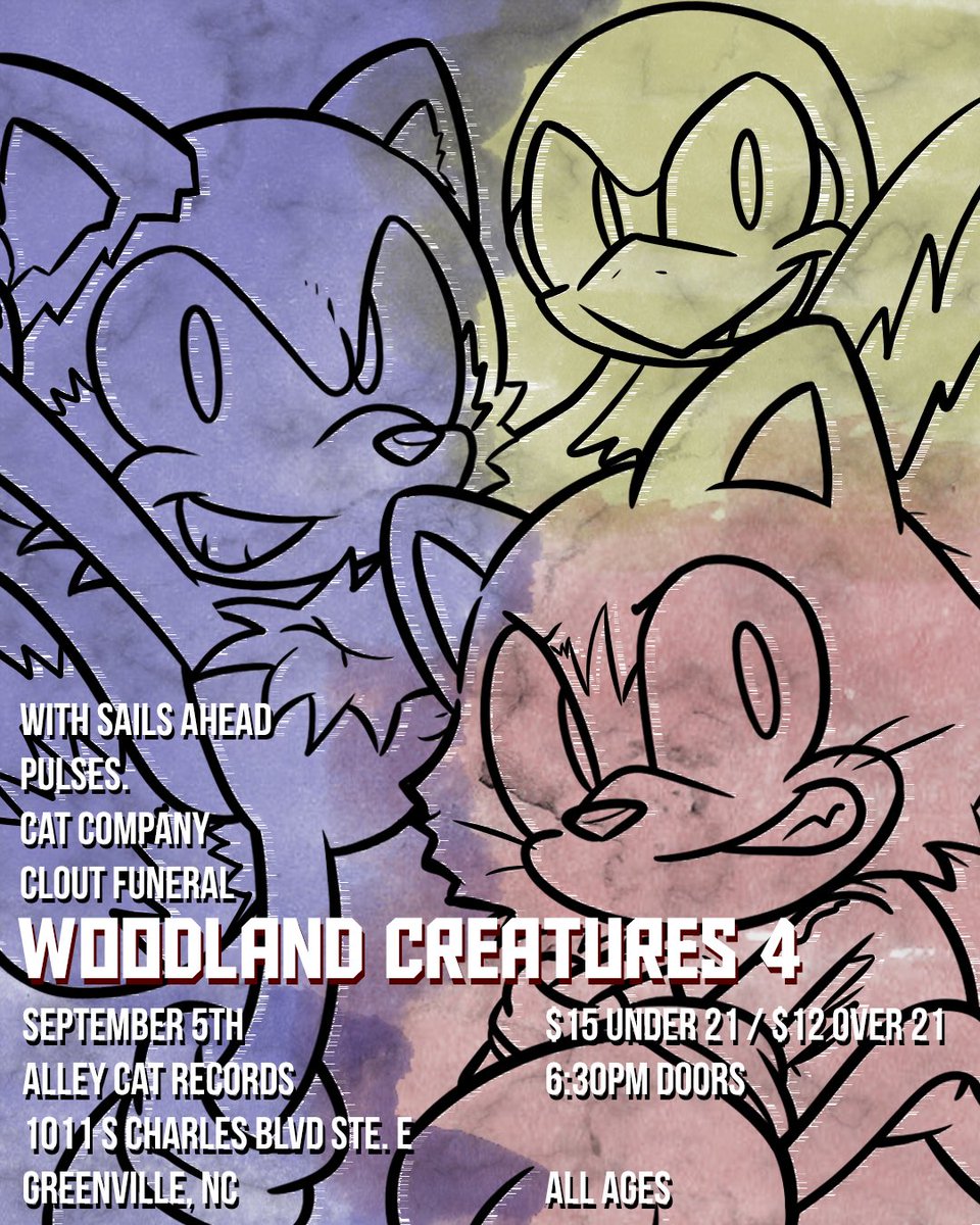 pulsesVA's tweet photo. hey Greenville, NC ☝🏽

in case you hadn’t heard, we’ve got @cloutfuneral opening up the show at Alley Cat Records on 9/5! real stoked to have them on!

Woodland Creatures 4 with @withsailsahead and @CATCOTW begins with y’all! https://t.co/XdfG2PZqED