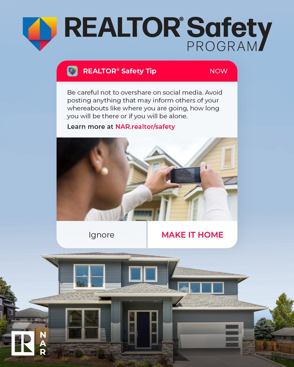🛡 REALTOR® Safety Tip: Be careful not to overshare on social media. Avoid posting anything that may inform others of your whereabouts like where you are going, how long you will be there or if you will be alone. Learn more at NAR.realtor/safety #MakeItHome #REALTORSafety