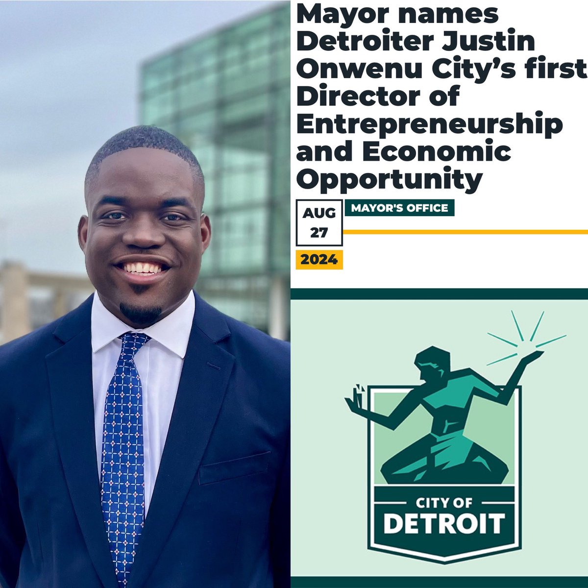 Detroit built the middle class, put the world on wheels, and has served as an engine for economic opportunity for so many. Excited to continue this legacy as the City of Detroit’s first Director of Entrepreneurship and Economic Opportunity!! 

🙏🏿🙏🏿
detroitmi.gov/news/mayor-nam…