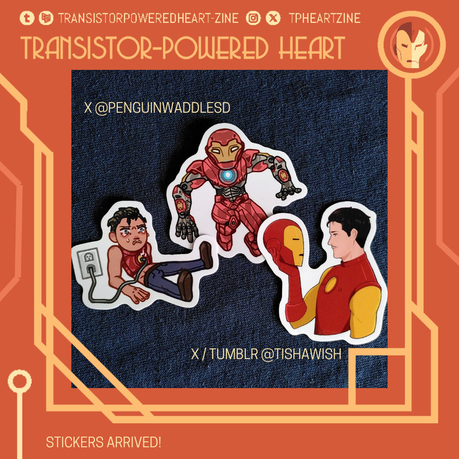 tpheartzine's tweet photo. More merch items arrived! Top and left STICKERS are made by @penguinwaddlesd 
Bottom right is done by @tishawish_ 
#tphzine #tonystark #ironman https://t.co/ELgLtZxTar