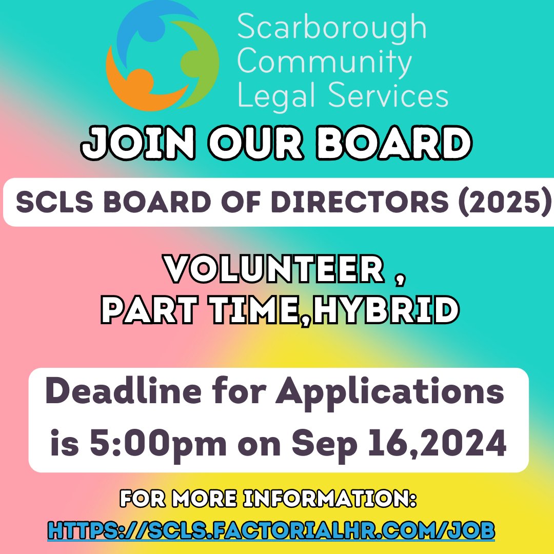 SCLS is seeking passionate individuals for our volunteer Board of Directors!

📍 East Scarborough residents, marginalized communities, and those with non-profit experience encouraged to apply.

Apply by Sept 16: scls.factorialhr.com/job_posting/21…

#SocialJustice #SCLS