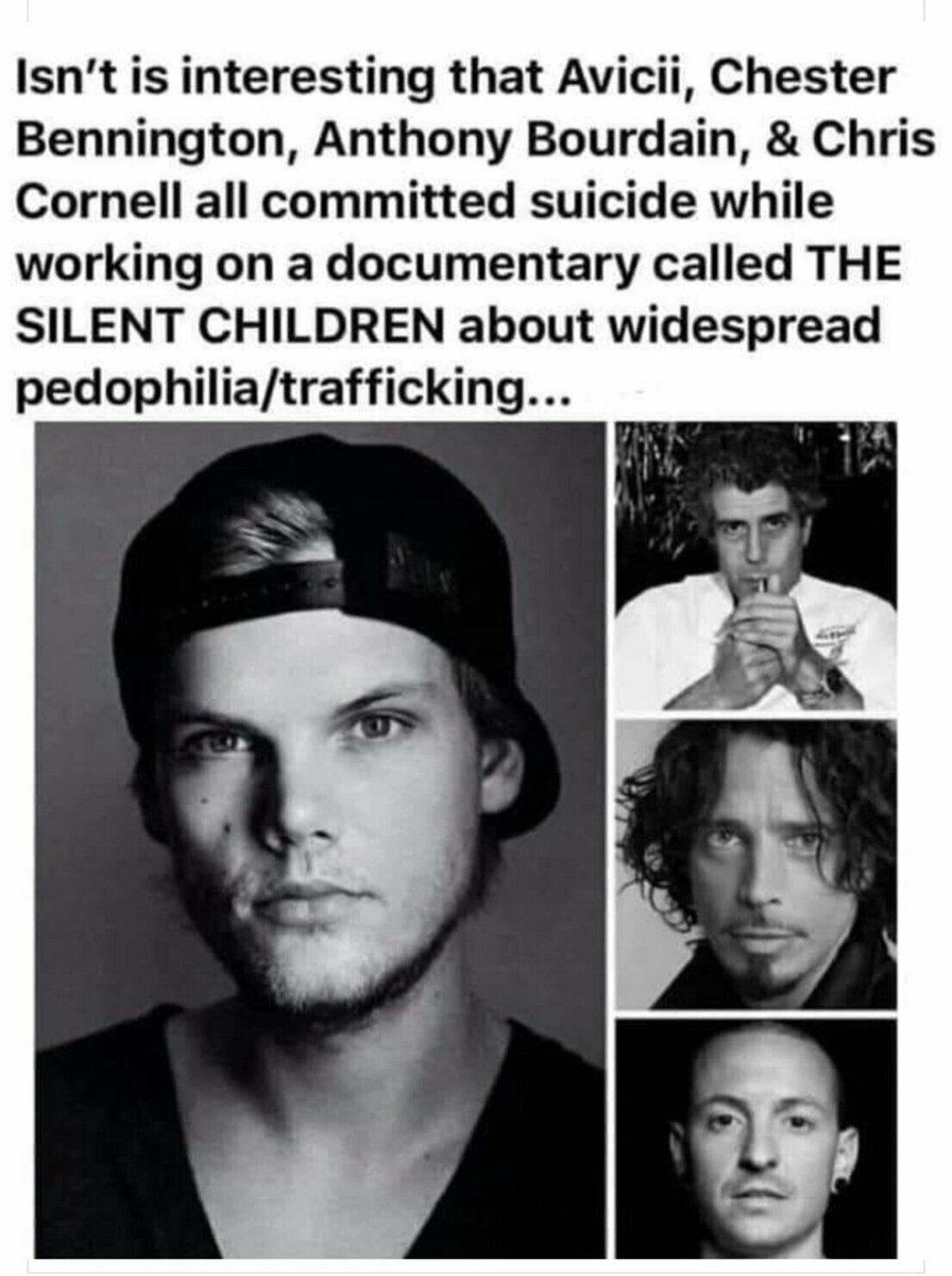 @austerrewyatt1 Poor Chester
Bennington. 
He &amp; Chris
Cornell tried
To stop it.