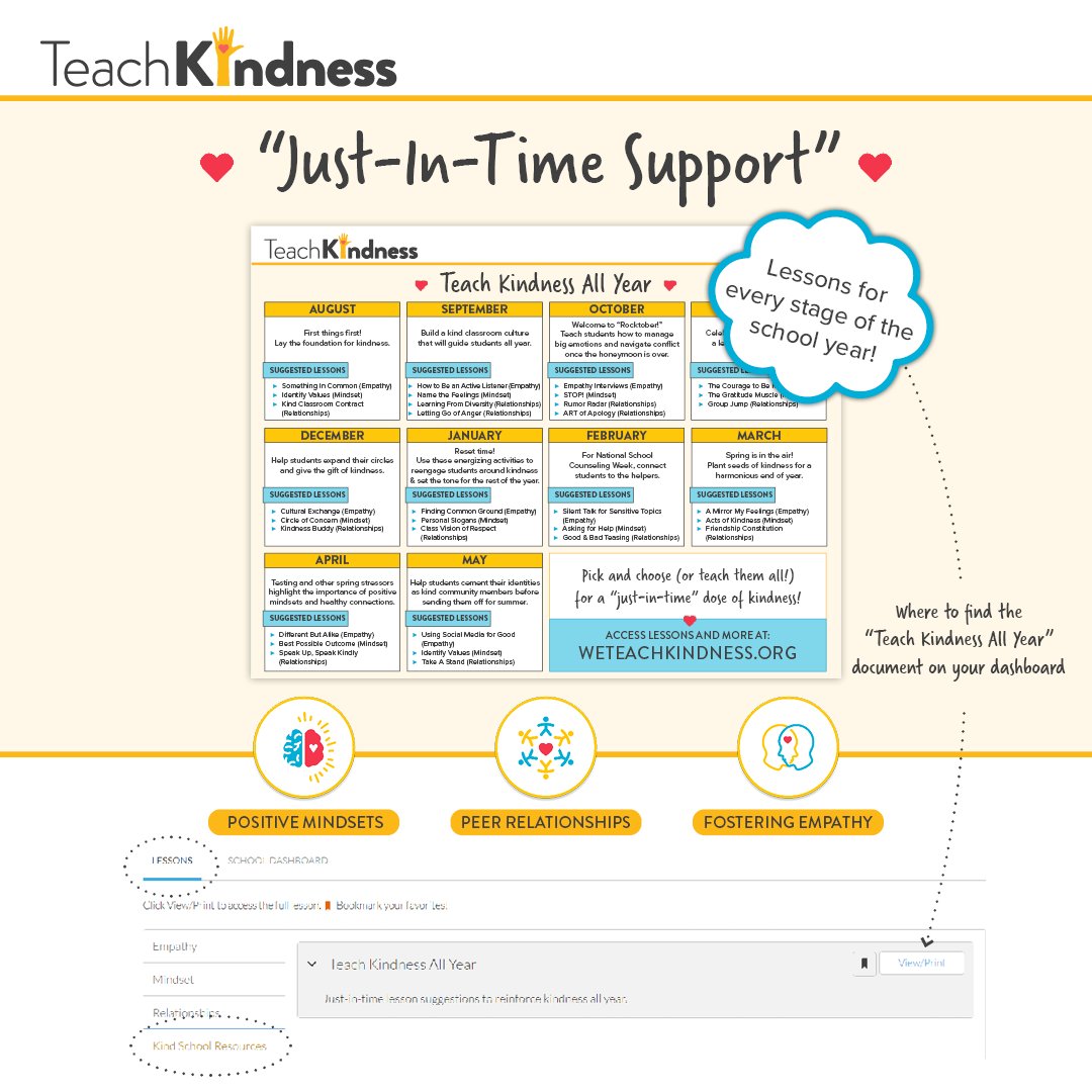 We've taken one thing off your mental to-do list! Our just-in-time suggested lesson sequence will help you teach kindness as needed, or all year long. Access all our resources at weteachkindness.org #kindness #teachkindness