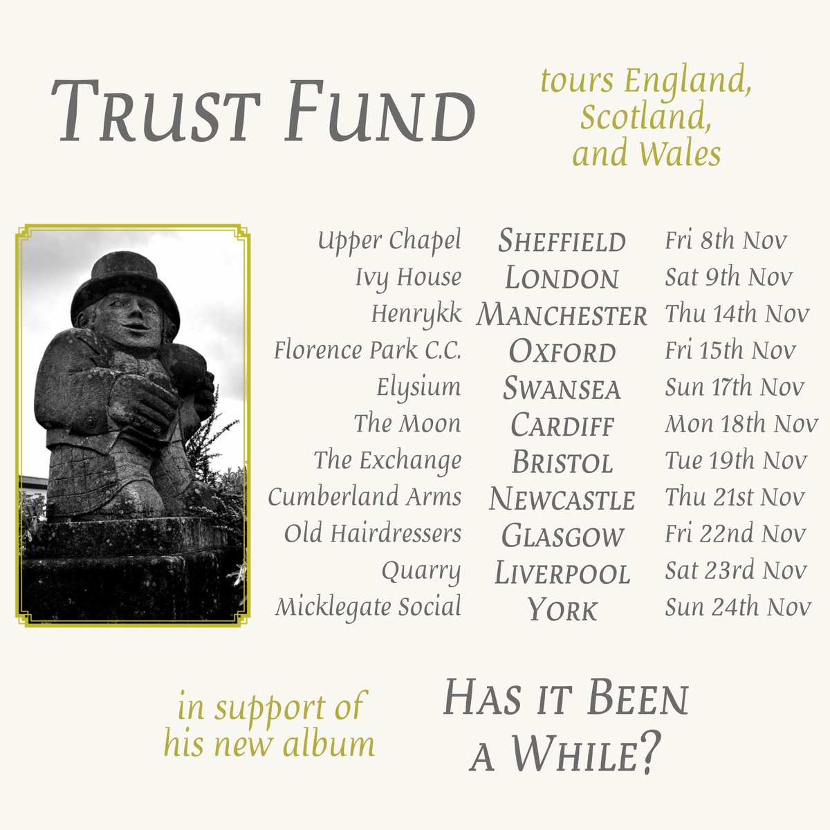 Nov 17th - £5

<a href="/TRUST_FUND/">ellis (inactive - contact me elsewhere)</a> + <a href="/swanhillband/">Swan Hill</a> 

Ellis Jones - a.k.a Trust Fund - heads to High Street in advance of his upcoming album 'Has It Been A While'

eventbrite.co.uk/e/100287379150…

7/