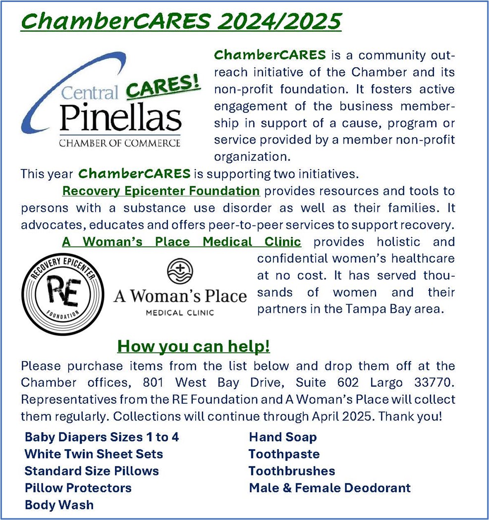 Two great causes have been selected for this year's ChamberCARES initiative; Recovery Epicenter Foundation and A Woman's Place Medical Clinic! Read more about what these non-profits are providing and how you can help below.