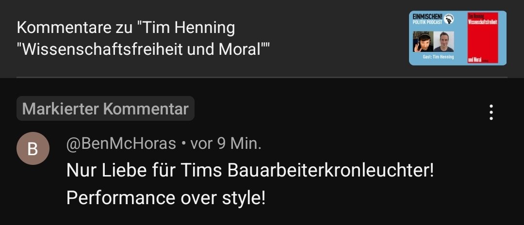 Einmischen! Podcast (@einmischenpod) on Twitter photo Wer <a href="/TimHenningJGU/">Tim Henning</a>'s Bauarbeiterkronleuter sehen will und was zur #Wissenschaftsfreiheit lernen möchte...hier ist der Link:
👉youtu.be/Glj_2O0xCo0?si… Wer <a href="/TimHenningJGU/">Tim Henning</a>'s Bauarbeiterkronleuter sehen will und was zur #Wissenschaftsfreiheit lernen möchte...hier ist der Link:
👉youtu.be/Glj_2O0xCo0?si…