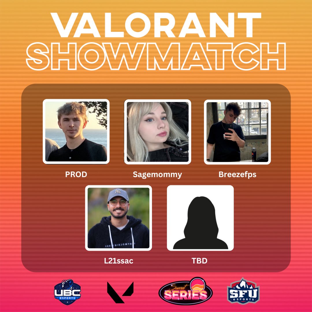 ubcesports's tweet photo. Come cheer on our special guests as they compete in a Valorant showmatch for charity! This event will be on September 1st at 2PM in the UBC Great Hall (entry is free)

Link to donate: https://t.co/0gUISBnApg https://t.co/ejpWfEsNJE