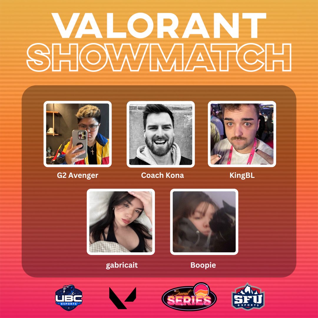 ubcesports's tweet photo. Come cheer on our special guests as they compete in a Valorant showmatch for charity! This event will be on September 1st at 2PM in the UBC Great Hall (entry is free)

Link to donate: https://t.co/0gUISBnApg https://t.co/ejpWfEsNJE