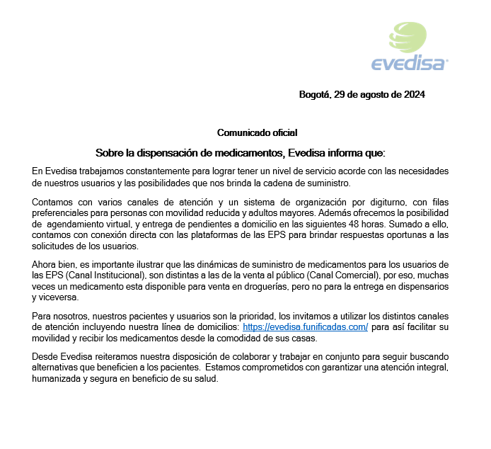 NoticiasRCN's tweet photo. Evedisa respondió a la visita del superintendente de Salud. Dice que "las dinámicas de suministro de medicamentos para los usuarios de las EPS son distintas a las de la venta al público, por eso, muchas veces un medicamento esta disponible para venta en droguerías, pero no para la entrega en dispensarios y viceversa".