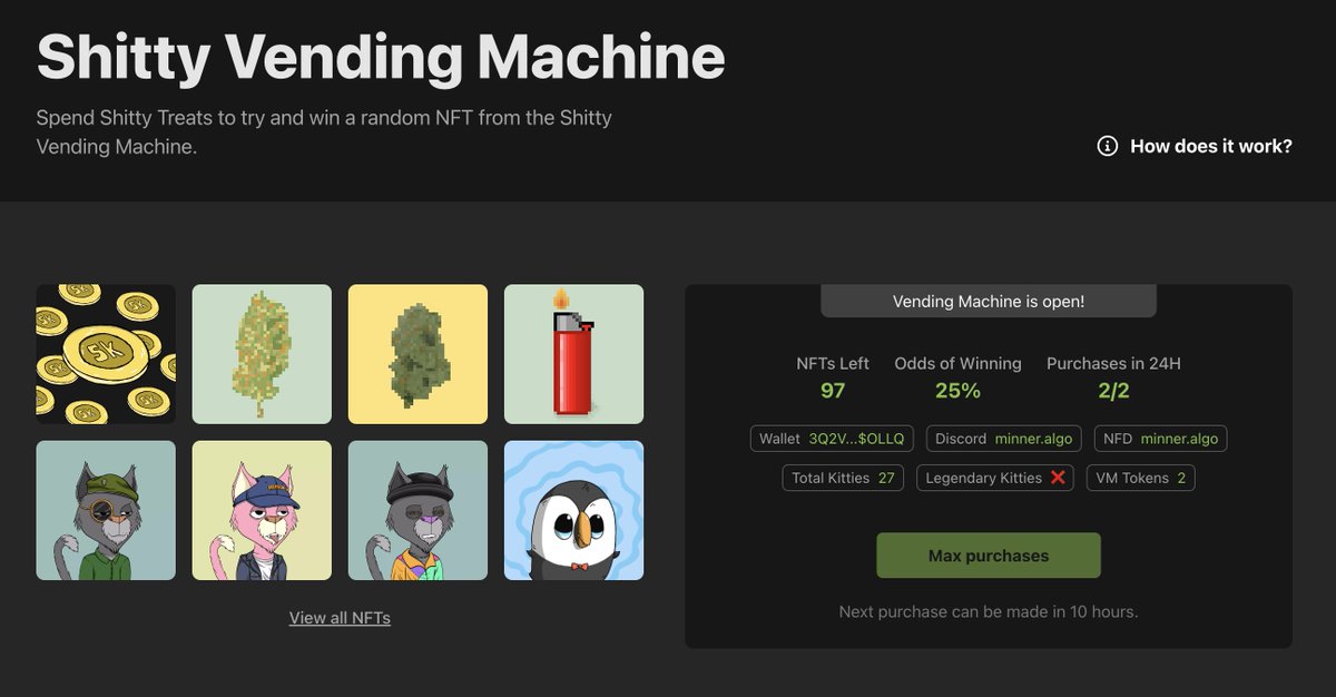 MinnerAlgo's tweet image. Let&apos;s goo! With the latest updates to the @ShittyKitties_ #ShittyVendingMachine, it&apos;s actually stayed open for over 5 hours! 🥲

So many different people can try their luck if it doesn&apos;t sell out so fast and I love that for them. 

#ShittyHype