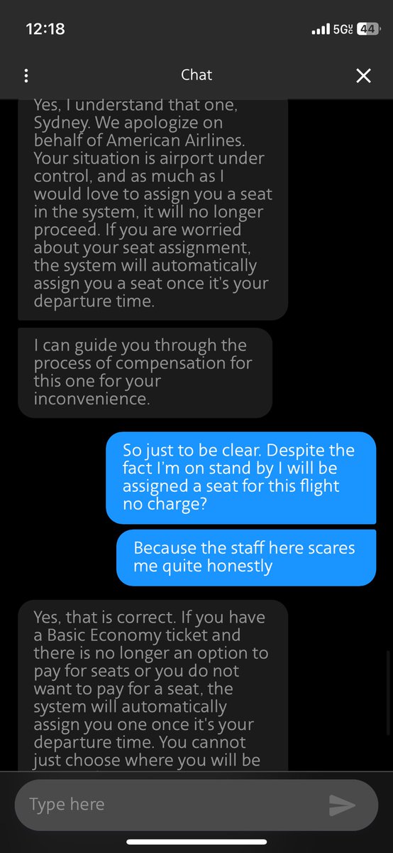 syddnastiii's tweet photo. @AmericanAir My “customer service” chat before my flight that I for sure had a seat on. AND NOW I don’t https://t.co/tCYJ4TMaOF