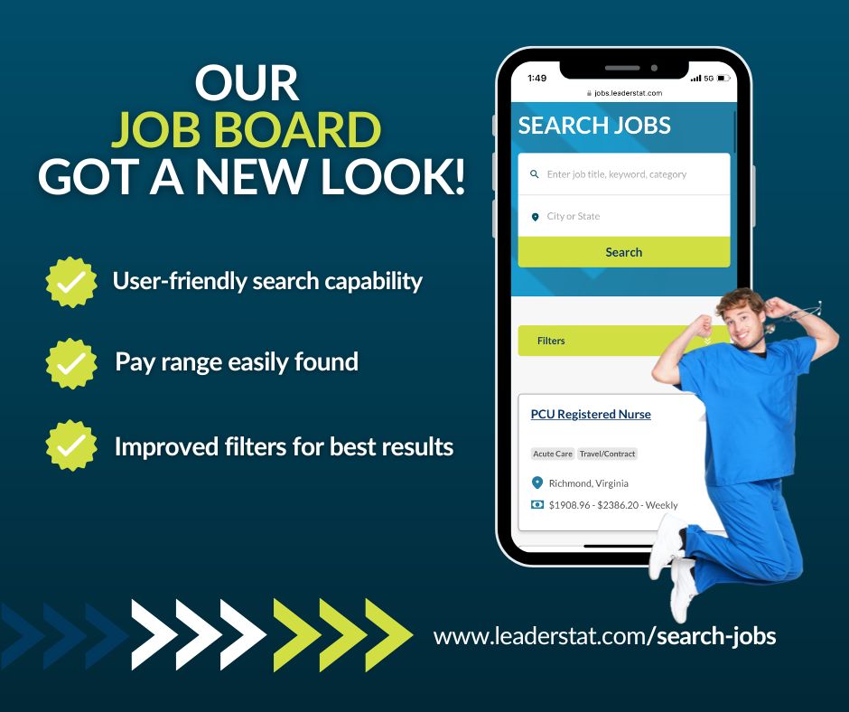 LeaderStat's tweet image. We want to be your go-to resource for #healthcare jobs. Our candidates let us how we could make the process seamless. Today, our Job Board has a brand new look as well as easy-to-use features! 🎉 

👀 Take a peek: jobs.leaderstat.com