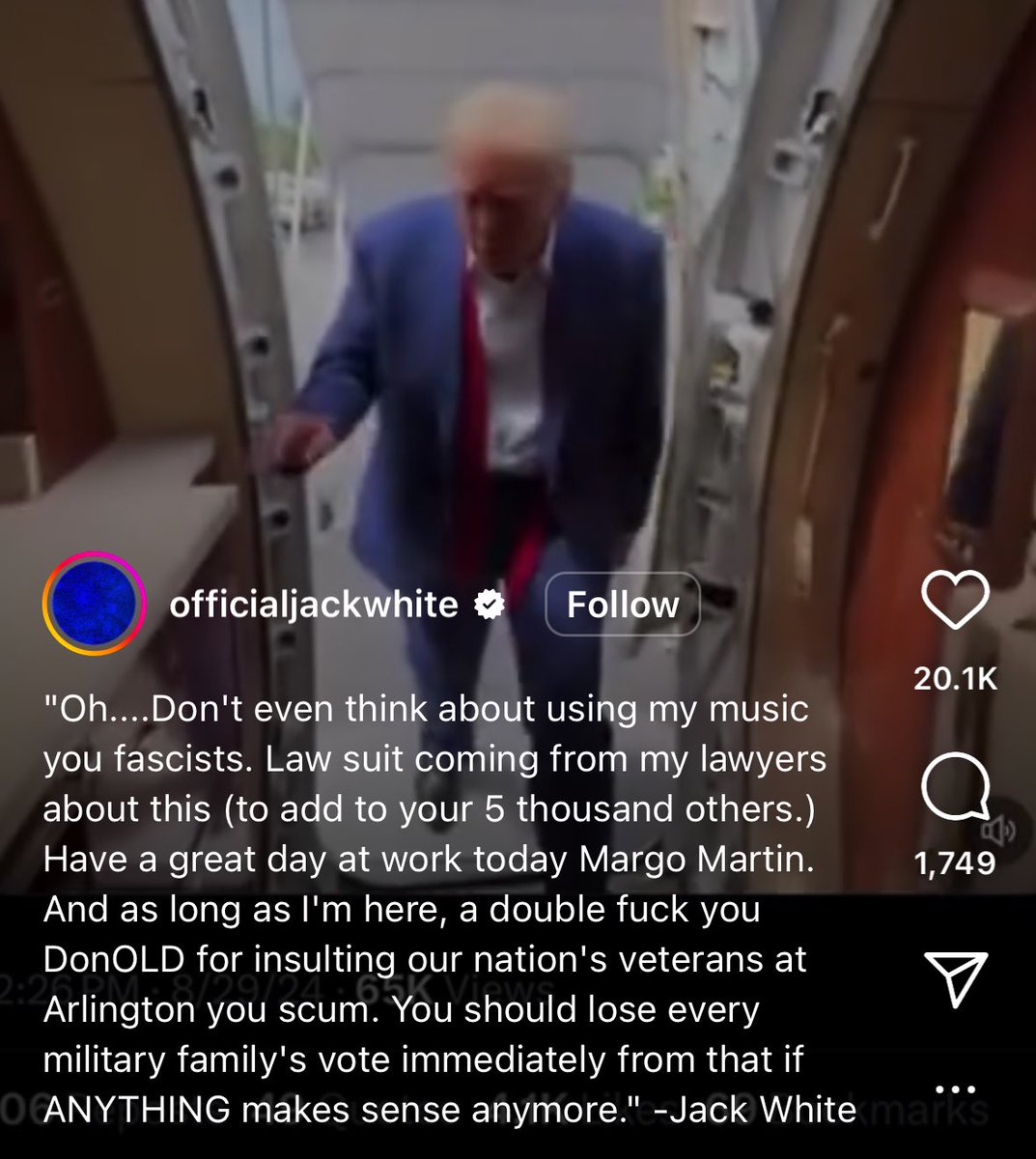 Trumps resident idiot @margommartin posted a video using Jack White’s music a couple of hours ago and he wasn’t having it….she already deleted it 🤣