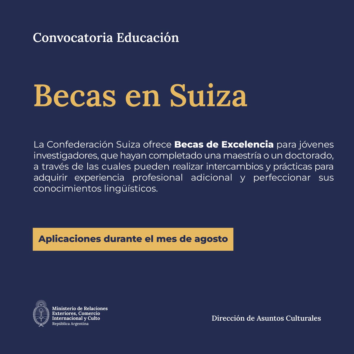 culturalesarg's tweet photo. CONVOCATORIA 📢 #Educación   Las becas suizas son anuales y los beneficiarios son seleccionados por la Comisión Federal de Becas para Estudiantes Extranjeros (FCS).   

👉 Más info en: https://t.co/xN4xzdhtiA
 
✉️ Contacto: info@sbfi.admin.ch 

@ArgenSuiza_   @SuizaArgentina https://t.co/9Lw4PZrRWQ