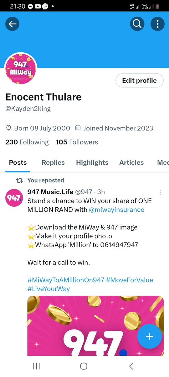 Kayden2king's tweet image. Best of Luck to myself and others 😊.

#MiWayToAMillionOn947 #MoveForValue #LiveYourWay