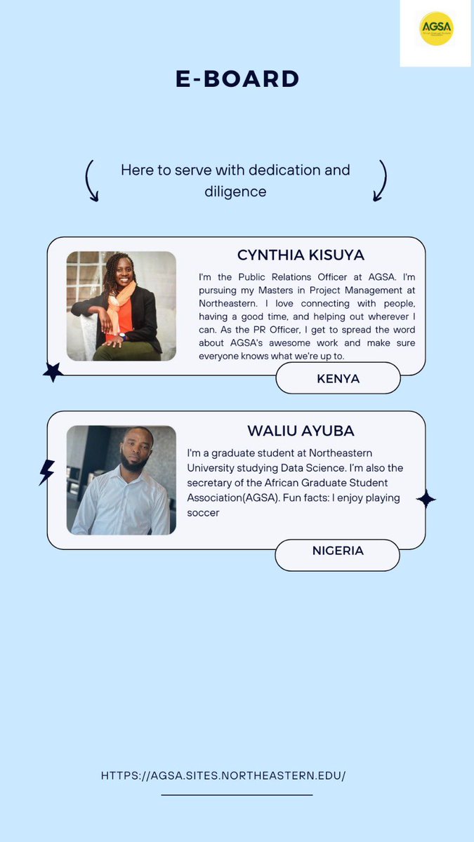 👋 Welcome to AGSA! We're excited to have you join our community. Let's take a moment to introduce our amazing team. We can't wait to make your time at Northeastern unforgettable! #AGSA #Fall2024" <a href="/adesina_adepoju/">Stephen</a>