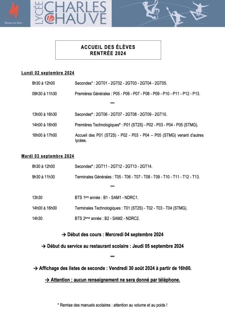 La rentrée des classes et l’accueil des élèves se fera à partir du lundi 2 septembre 2024 selon le planning ci-dessous.
