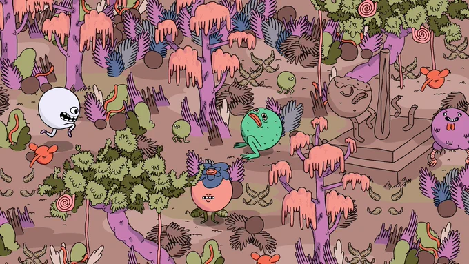 Concept art for indie video game Pool Panic which shows the anthropomorphic cue ball running through dense jungle foliage. There are trees with hanging vines. There is a flower ball, a frog ball and various insect and bird balls. The colours are muddy with streaks of bright turquoise.