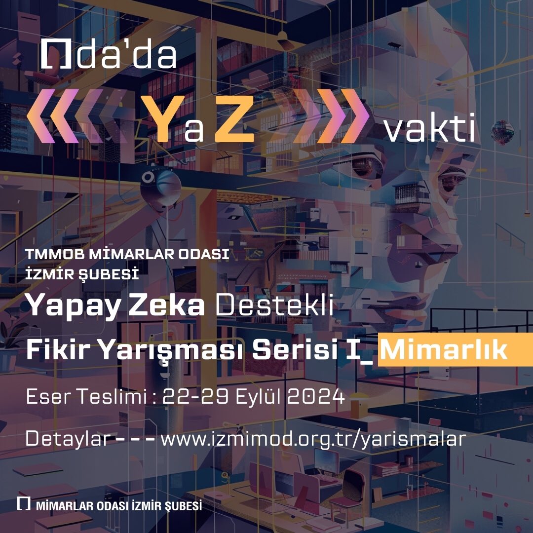 izmimod's tweet photo. Mimarlık Yarışması:

🏛️ Yapay Zeka ve Mimarlık Yarışması Başladı!
Yapay zeka ile mimarlıkta yaratıcı çözümler geliştirin!
🎯 1. Ödül: 10.000 TL
🗓️ Teslim: 22-29 Eylül 2024
📧 Sorular: odadayazvakti@izmimod.org.tr
Detaylar: https://t.co/yoL30FwiBq https://t.co/8KTYqDy4ML