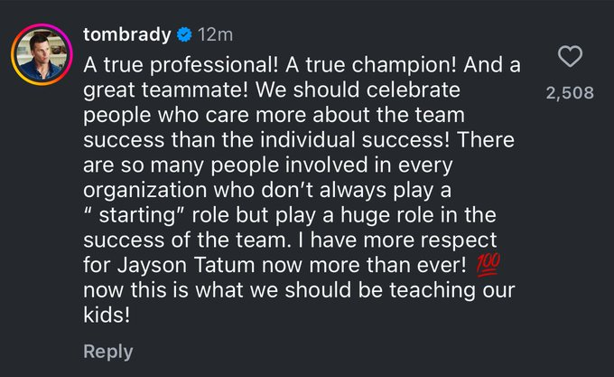 Tom Brady on Jayson Tatum:

"I have more respect for Jayson Tatum now more than ever" 

GOAT

per: @lockedinjb