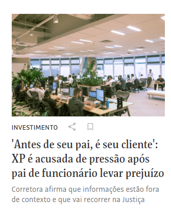 ab29204165's tweet photo. XP é acusada de pressionar funcionário a levar pai a investimento que deu prejuízo https://t.co/M6yt0WR1CP