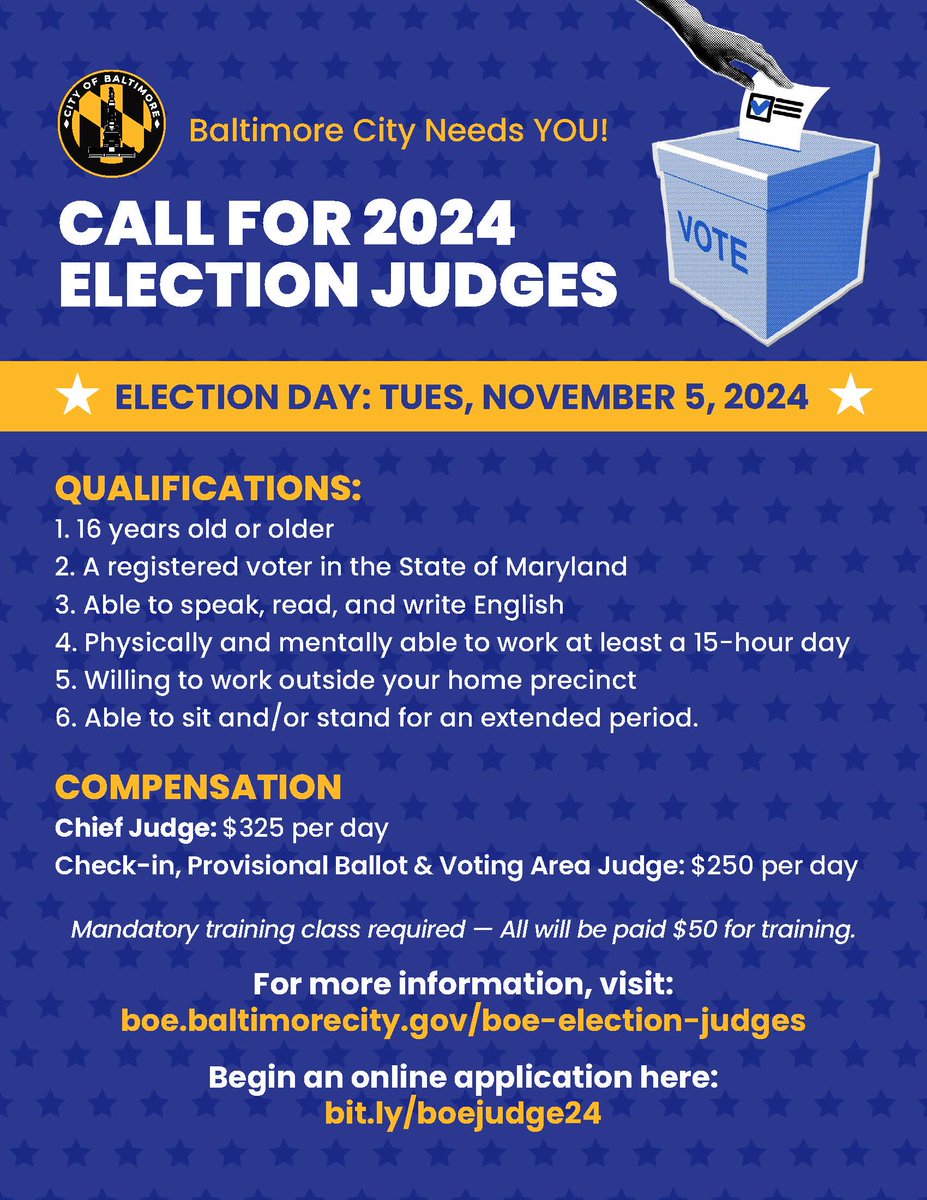 Baltimore City is calling for Election Judges!

Apply online today!

bit.ly/2INl7Dz

#BmoreVotes
#Election2024