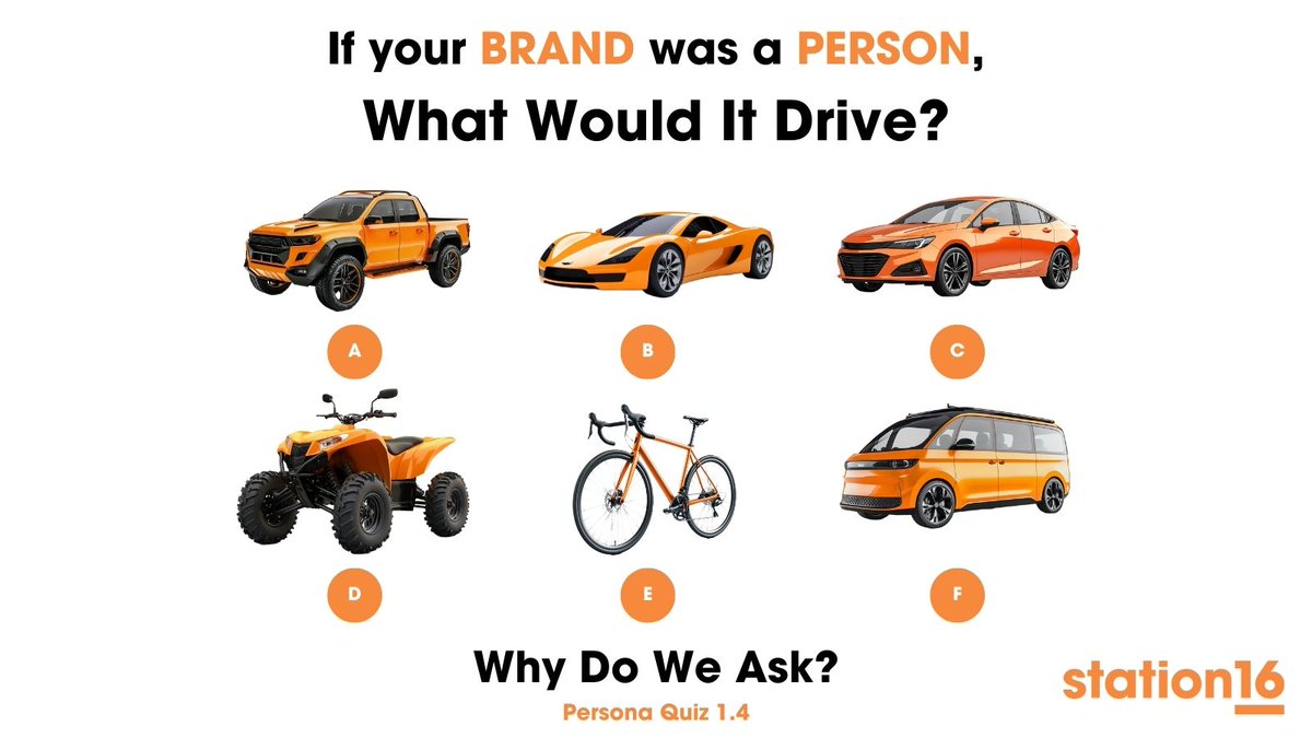 We ask because the formation of a new brand can be challenging. Where do you start?

At Station16, we start with car shopping, but it's not what you think! Asking questions like these helps our team get down to the heart of your brand's purpose &amp; style. What car would you pick?