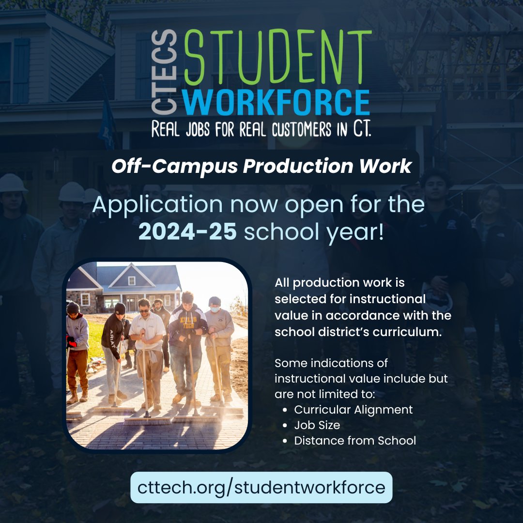 CTTechHS's tweet image. The CTECS #StudentWorkforce application for off-campus production work is now open!

Our students complete a variety of projects relating to #Carpentry, #Electrical, #Plumbing, #Masonry, #HVAC services &amp;amp; more.

🔗 For more information and to apply, visit cttech.org/.../constructi…