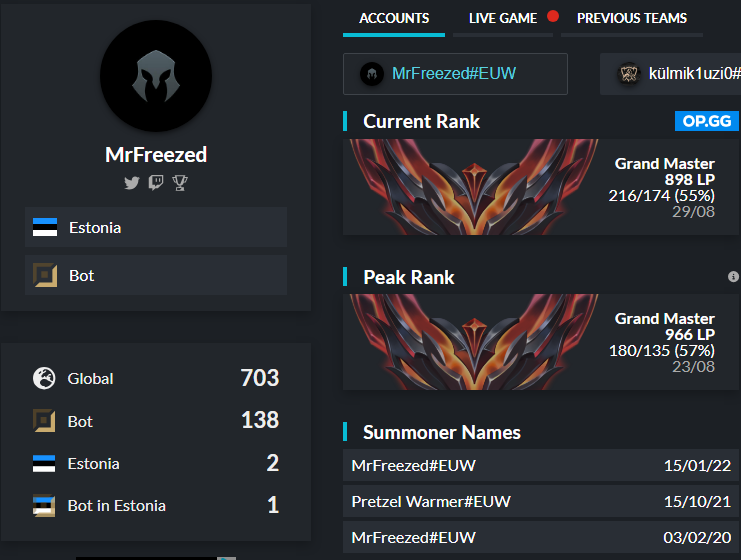 22 y/o Estonian ADC player LFT: 
- Extremely motivated to learn 
- 3 splits of competetive experience

Contact me via DM's  

Retweets and likes are appreciated &lt;
lol.fandom.com/wiki/MrFreezed
lolpros.gg/player/mrfreez…