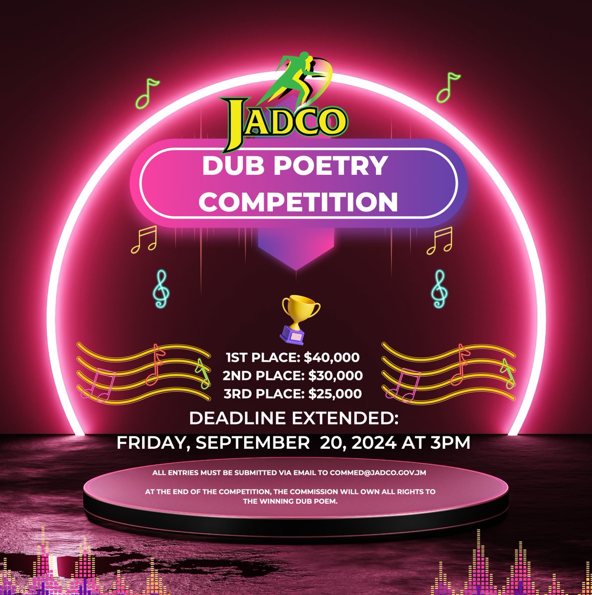 🚨 Deadline Extended! 🚨

The JADCO Dub Poetry Competition now closes on Sept 20 at 3 PM! 🎤✨ Show off your creativity with a poem that champions clean sport and "No Dope to Cope."

Submit to commed@jadco.gov.jm. Top 12 will be featured on our IG. Winner announced on Oct 1! 🏆
